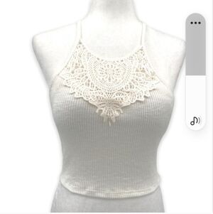 SO Pretty Little Layers Ribbed Crocheted High Neck White Halter Neck Tank Top, L